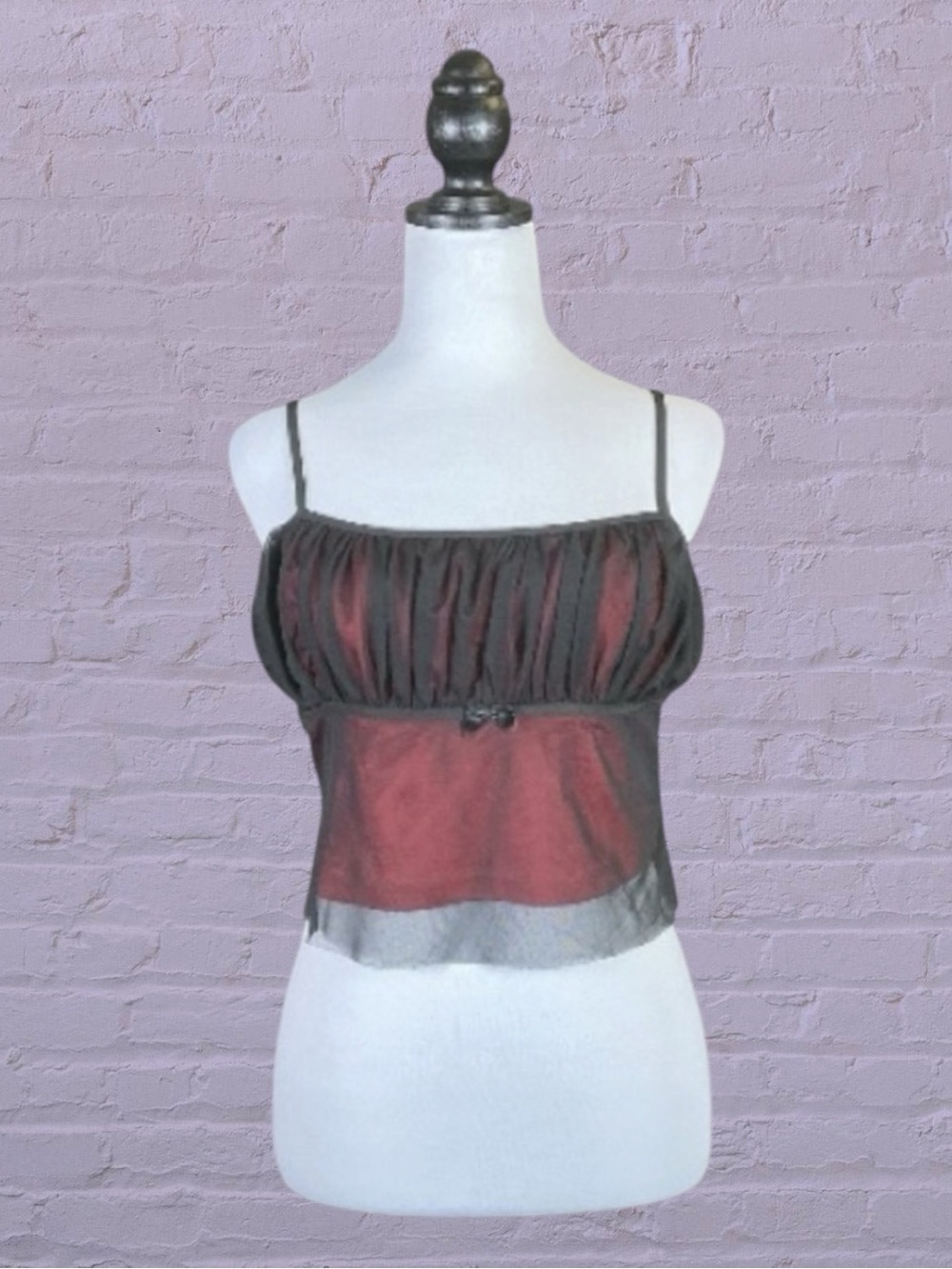 Tunnel Vision Cami Top Burgundy Black Mesh Overlay Bow Whimsigoth Goth Grunge M